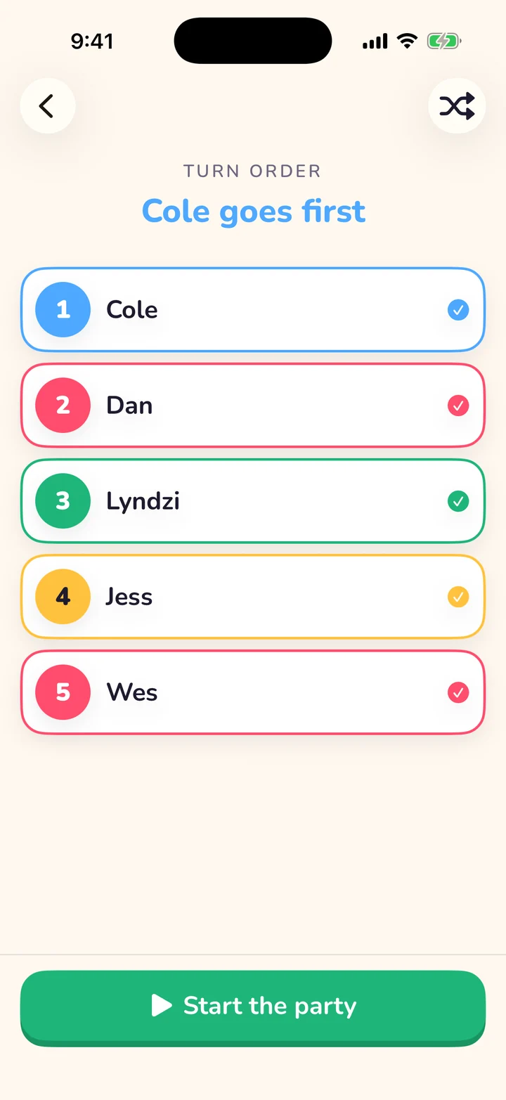 Turn order screen: Cole goes first, then Dan, Lyndzi, Jess and Wes