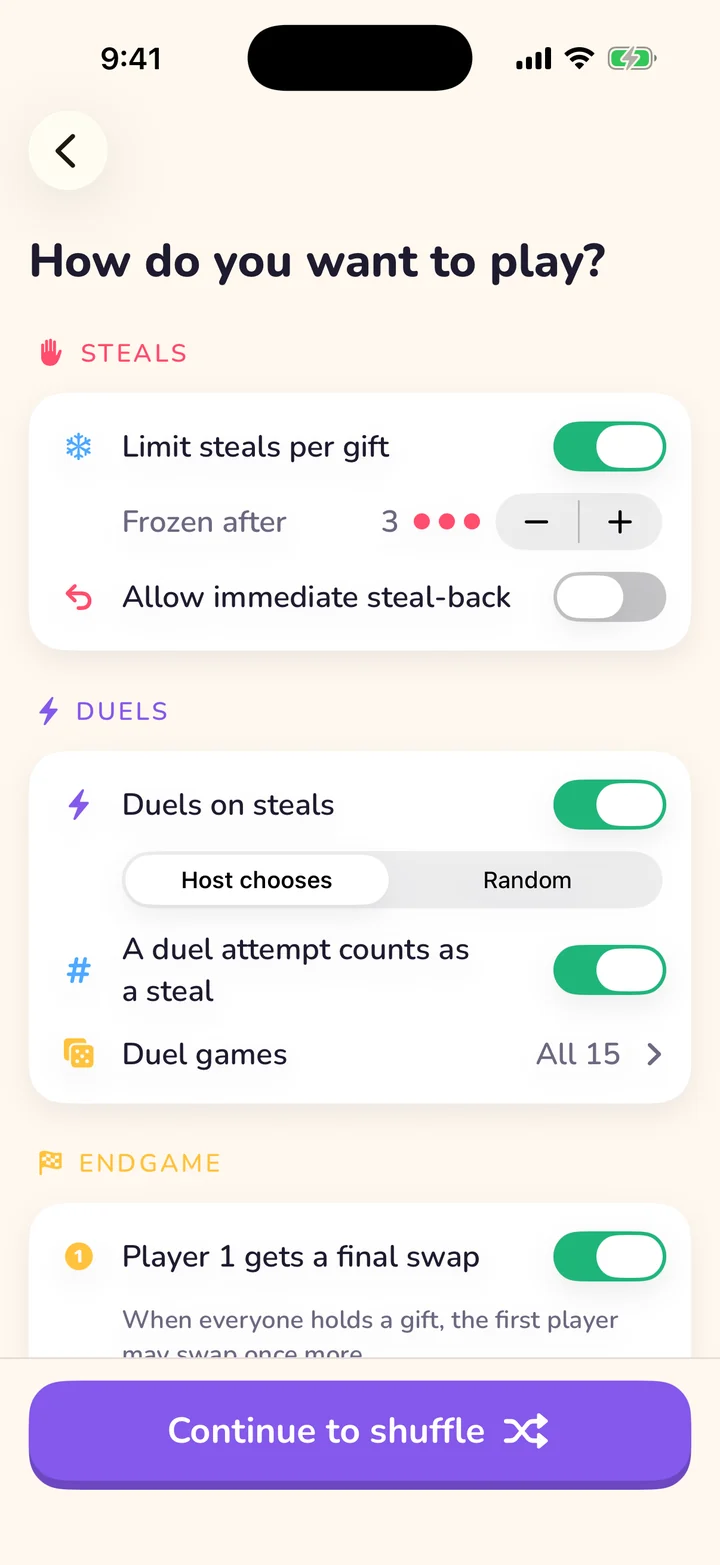 Rules screen with steal limits, duels and an endgame final swap